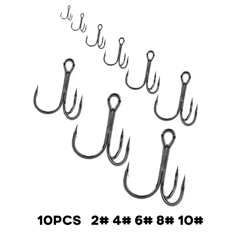 10 Uds. Anzuelos de pesca triples negros 2 # 6 # 8 # 10 herramientas de pesca de acero rico en carbono, anzuelos duraderos para pesca