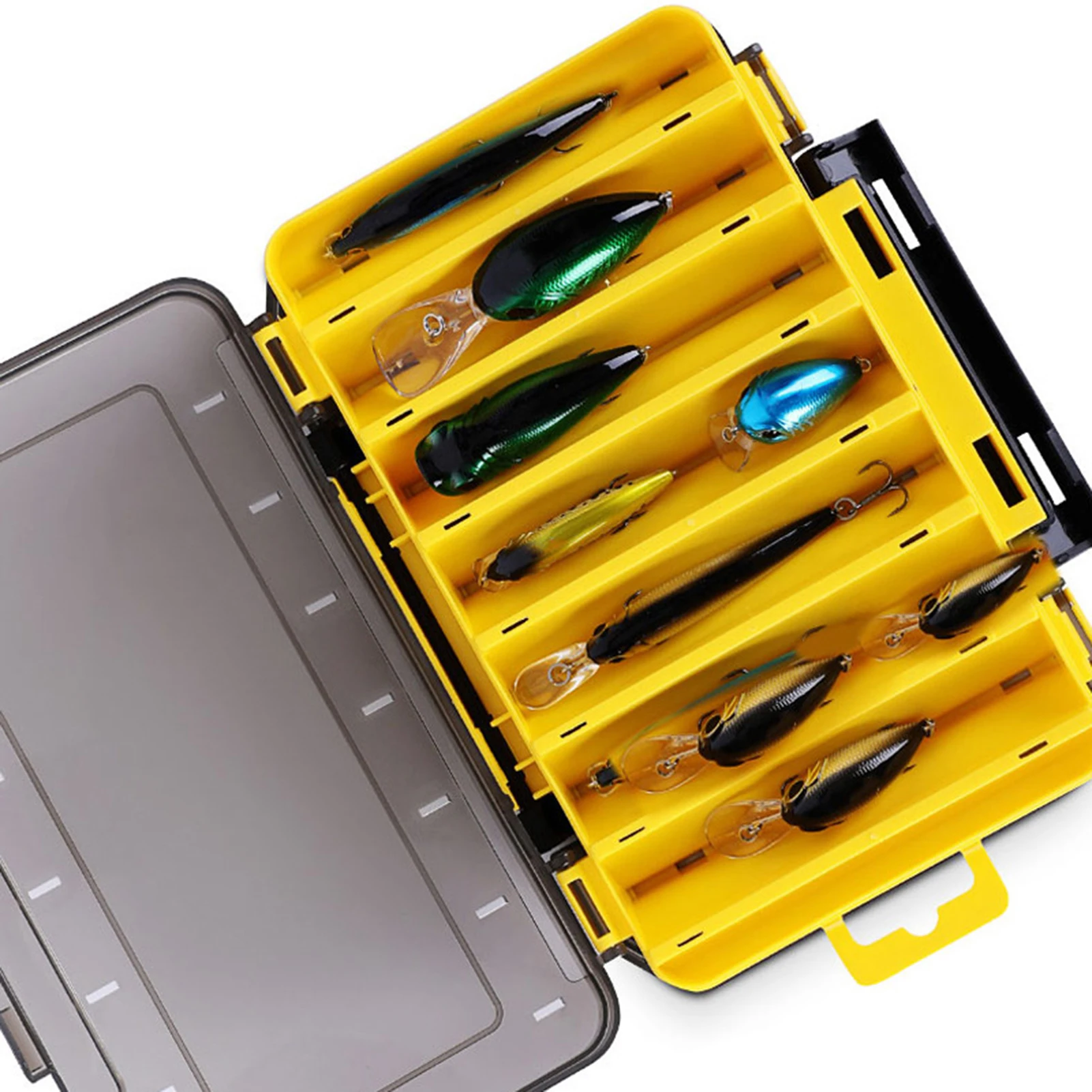 Caja de aparejos de pesca de 2 capas, múltiples rejillas, gran capacidad, señuelo de pescado, cebo falso, organizador de anzuelos, aparejos de pesca portátiles al aire libre - imagen 3