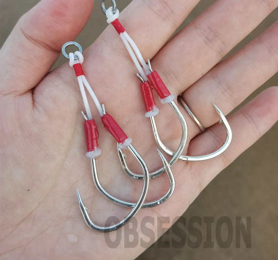OBSESSION-anzuelos de Pesca de doble asistencia, línea de PE, accesorios de cabeza de plantilla de Pesca lenta, 1/0, 2/0, 3/0, 4/0, 10 pares - imagen 5