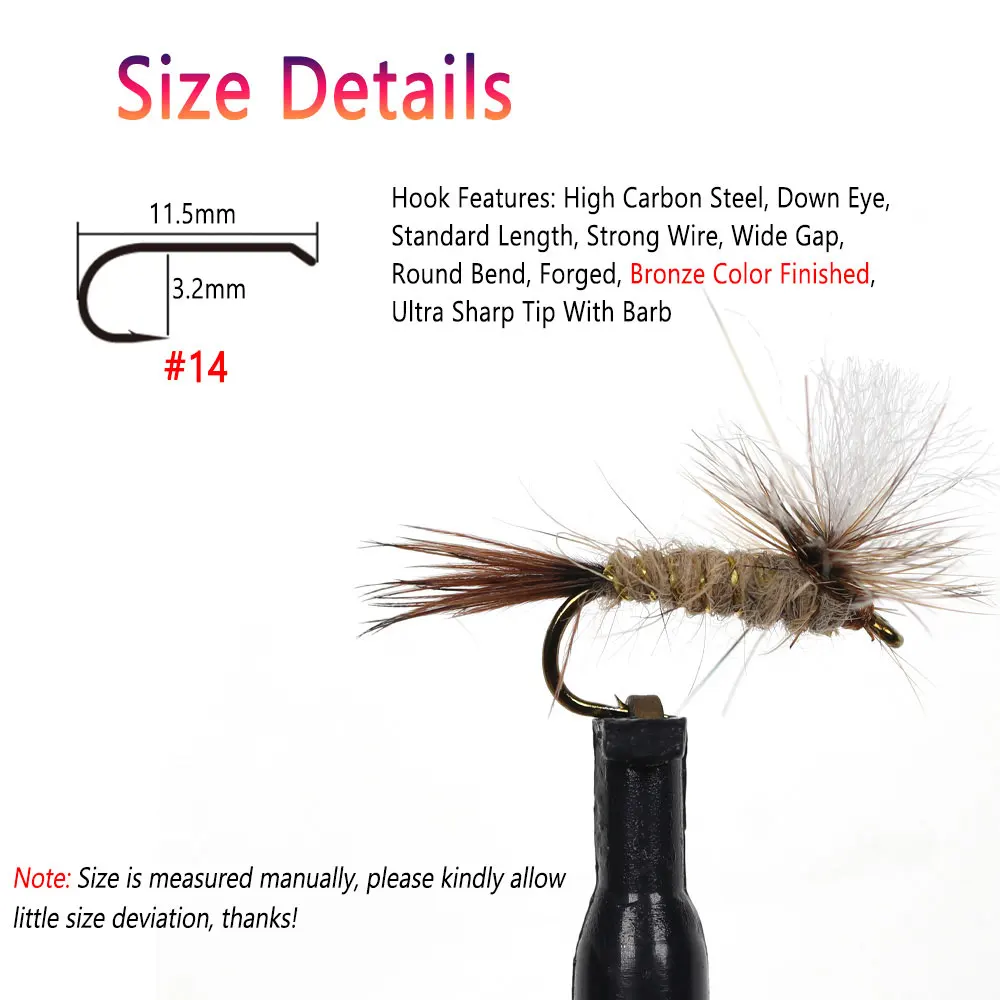 Bimoo 6 uds Grizzly Brown Hackle paracaídas Adams mosca seca anzuelo de mosca con púas May Fly Midge Fly Caddis mosca trucha Señuelos de pesca cebos - imagen 3