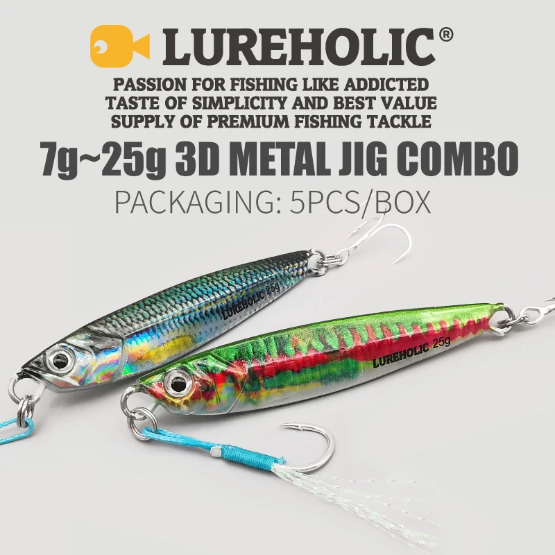 LUREHOLIC 7g 10g 15g 20g 25g plantilla de Metal impresa en 3D 5 uds Combo para señuelo pesca hoja de velocidad fundición larga con anzuelos BKK - imagen 2