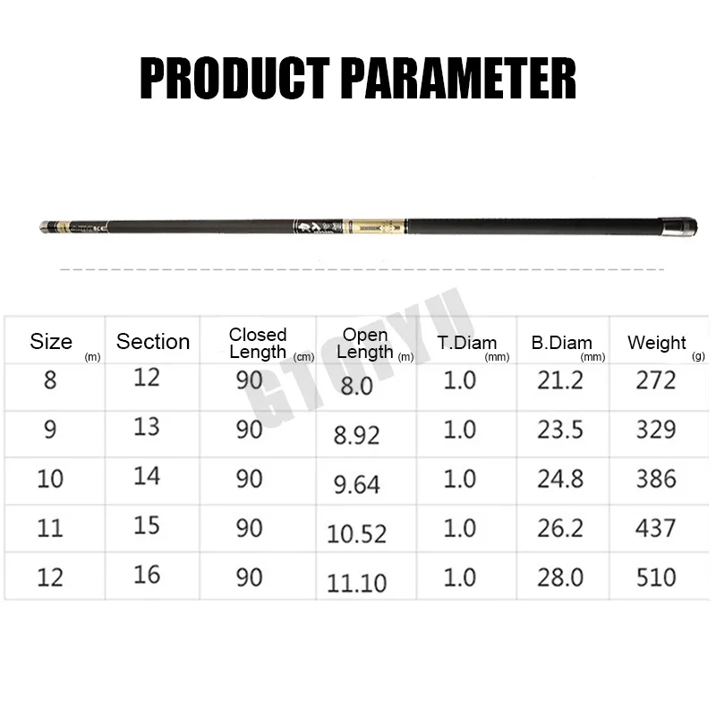 Caña de pescar de mano de fibra de carbono dura, súper ligera, larga, 8M/9M/10M/11M/12M, caña de pescar telescópica de alta calidad - imagen 4