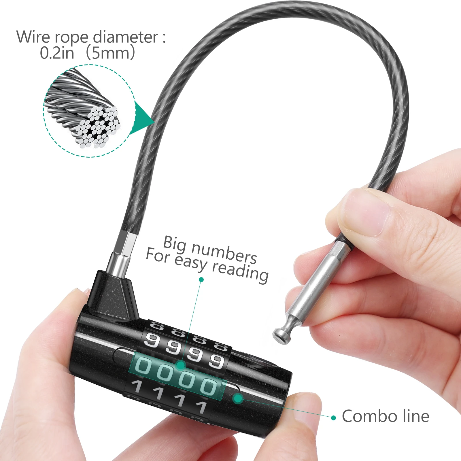 Candado cable acero con combinación – Impermeable y reiniciable - imagen 4