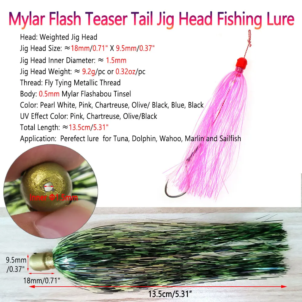 Bimoo Mylar Flash Teaser Tail Jig Head señuelo de pesca, cebo hueco Jig Head Flasher, falda para agua salada, accesorios de pesca - imagen 3