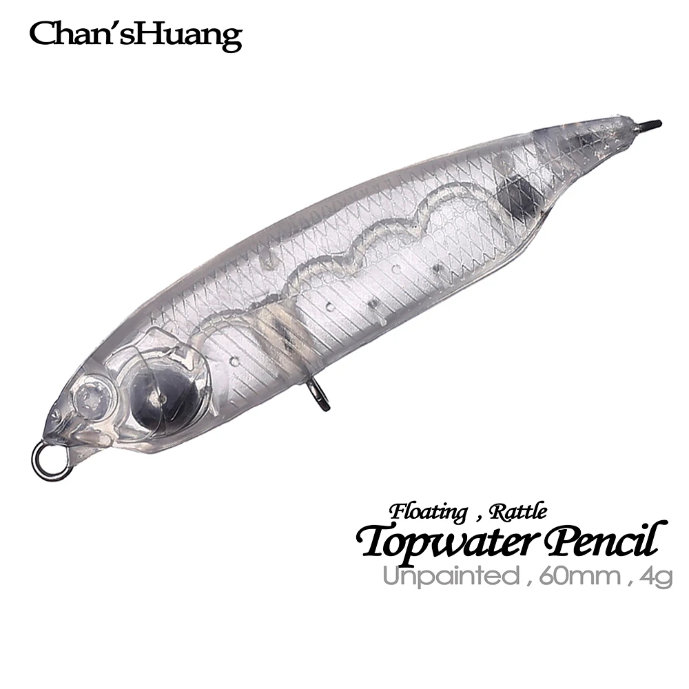 Chan'sHuang-Cebo en blanco sin pintar, 30 piezas, 6cm, 4g, sonajero flotante, lápiz Topwater, señuelo de pesca Artificial hecho a mano