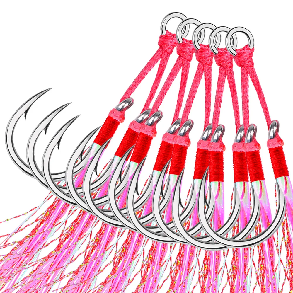 2 par/pack de anzuelos de Jigging dobles para pesca en agua salada/barco con hilo y plumas brillantes de piel de pescado para pesca con señuelo de Jigging lento - imagen 3