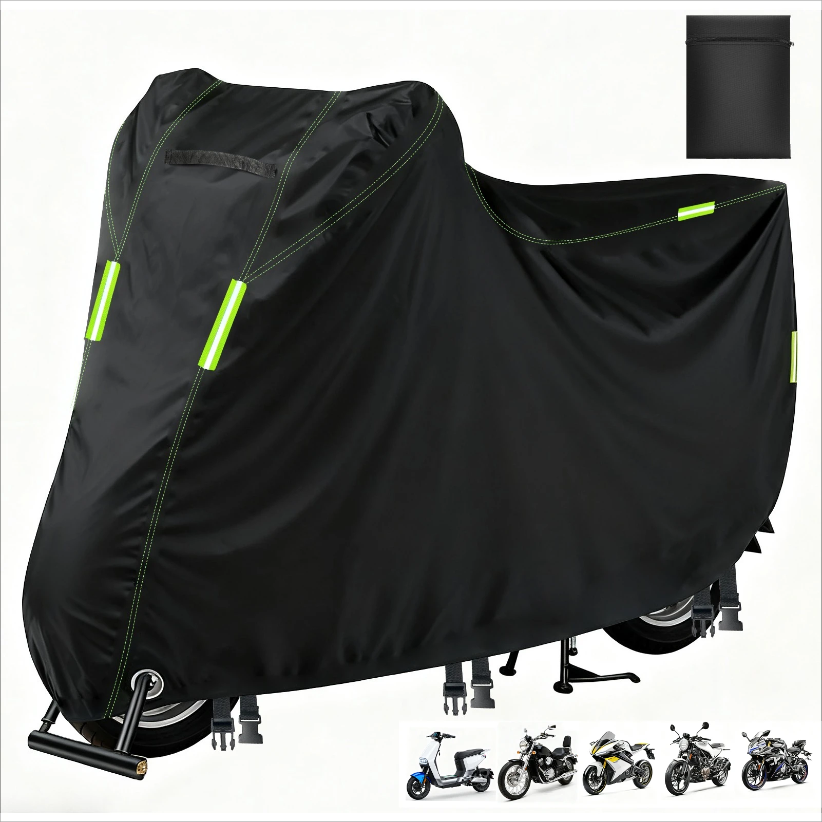 Funda impermeable moto 210D con tiras reflectantes, candado y bolsa