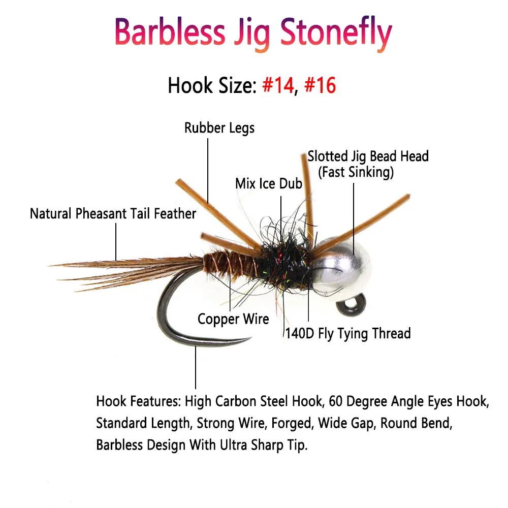 Bimoo 4 piezas # 16 # 14 Jig Bead Head Barbless Stonefly fregadero rápido cola de faisán patas de goma húmedo Euro ninfa mosca trucha Señuelos de pesca - imagen 3