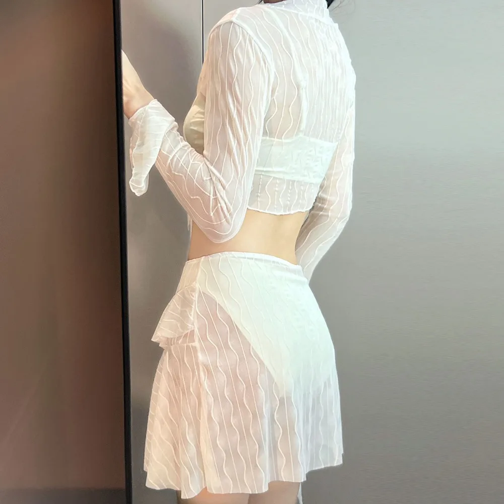 Conjunto de microbikini informal con cordones para niña, traje de baño de realce a rayas onduladas de malla, traje de baño con nudo de borla transparente Irregular, 4 Uds. - imagen 2