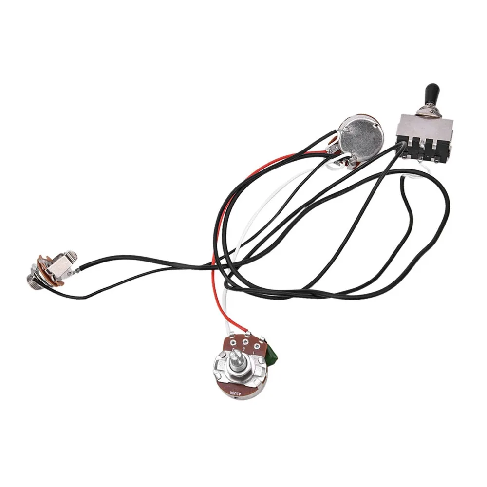 Macetas de 500K ​   Arnés de cableado de guitarra ​ ​ Interruptor cromado ​ ​ Kit de cableado DIY ​ ​ Interruptor de palanca de 3 vías ​ ​ 1 Volumen 1 tono ​ ​ Diseño de dos recogidos ​