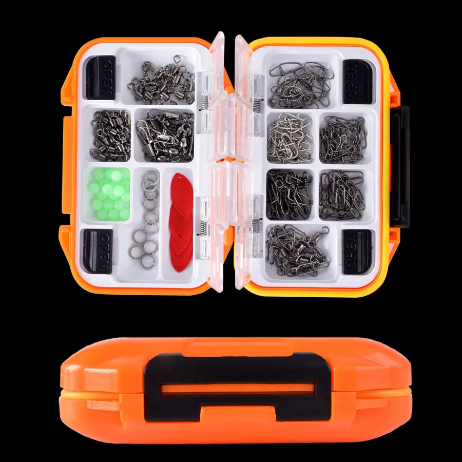 Kit de accesorios de conector de pesca con broches giratorios de pesca, toboganes de plomo, cuentas de línea de pesca, juego de pesca con caja de aparejos