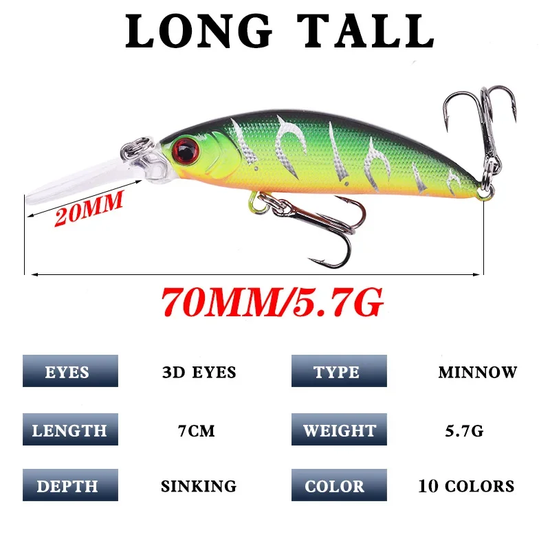Señuelo de pesca Minnow, Wobblers que se hunden, 7cm, 5,7g, cebo duro Artificial de plástico, Crankbait para lubina, carpa, Lucio, aparejos Jerkbait, 1 ud.
