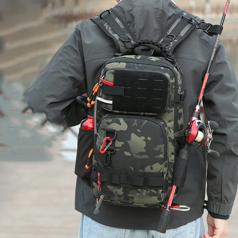 Mochila para señuelos de pesca con soportes para cañas, bolsa de pecho multifuncional Molle, accesorios para cajas de peces grandes, mochila para senderismo al aire libre - imagen 4