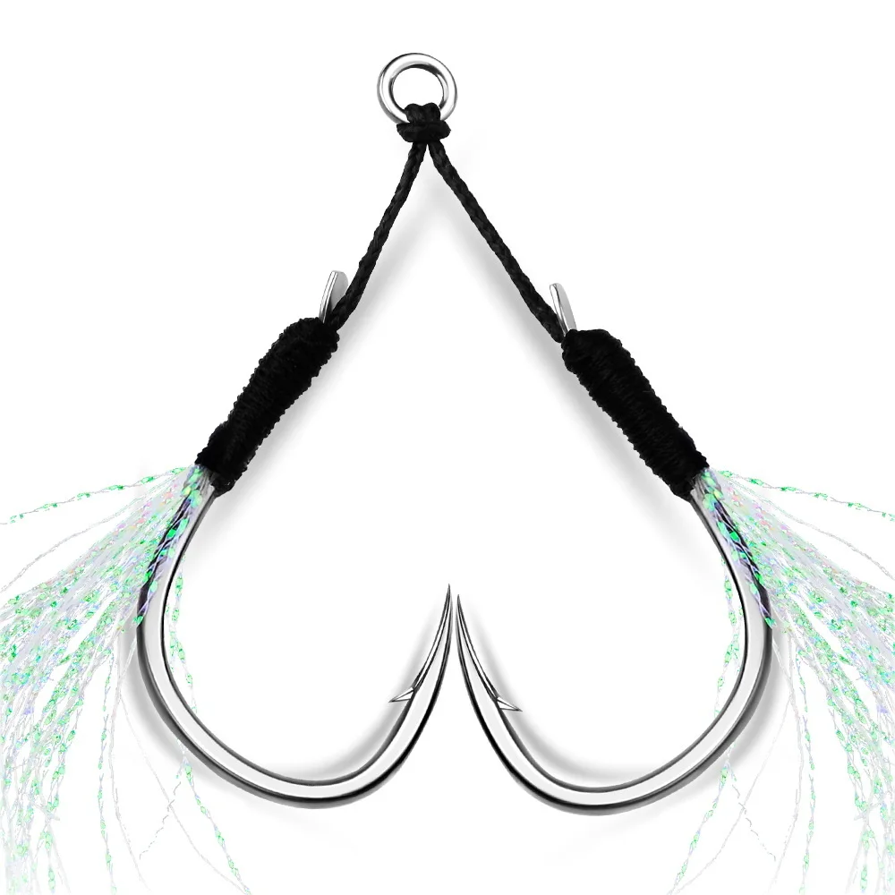 5 par/bolsa anzuelo de pesca 11 # -20 #   Anzuelos de asistencia, anzuelo con hilo, pluma luminosa, doble par, anzuelo de púas, anzuelo de pesca de mar - imagen 3