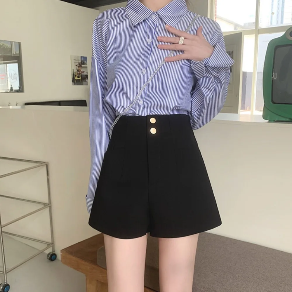 Pantalones cortos acampanados con botones a la moda para verano, pantalones cortos holgados de cintura alta con bolsillo, pantalones de pierna ancha Y2K, pantalones sólidos para fiesta - imagen 2