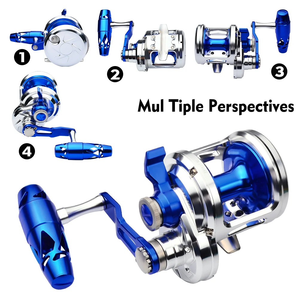 PROBEROS-Carretes de pesca Jigging 5,7: 1, Color azul y plateado (mano izquierda/derecha), carretes de arrastre de aluminio CNC, carretes de pesca de agua de mar mecanizados - imagen 4