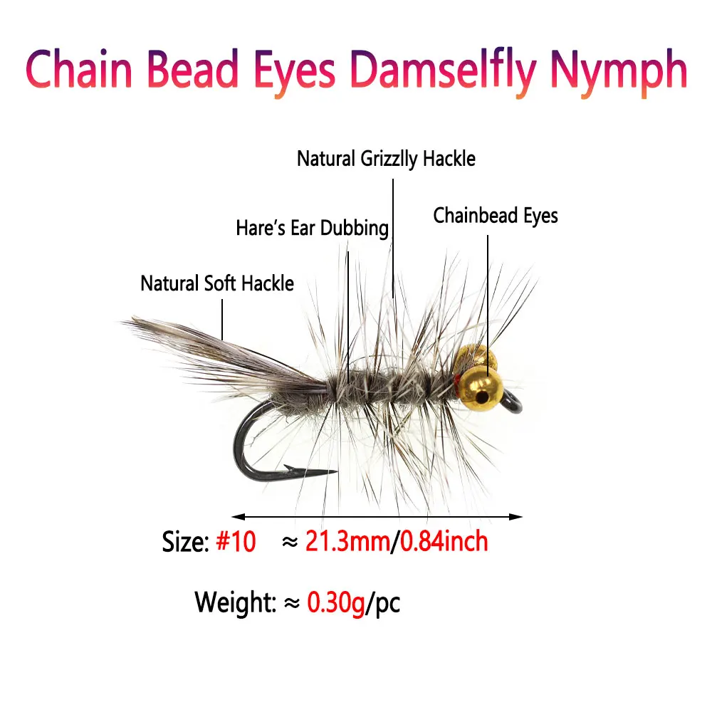 Bimoo 8PCS # 10 ojos de cuentas de cadena Damselfly Ninfa Grizzly Soft Hackle moscas húmedas artificiales para trucha lubina Gryling Señuelos de pesca - imagen 3