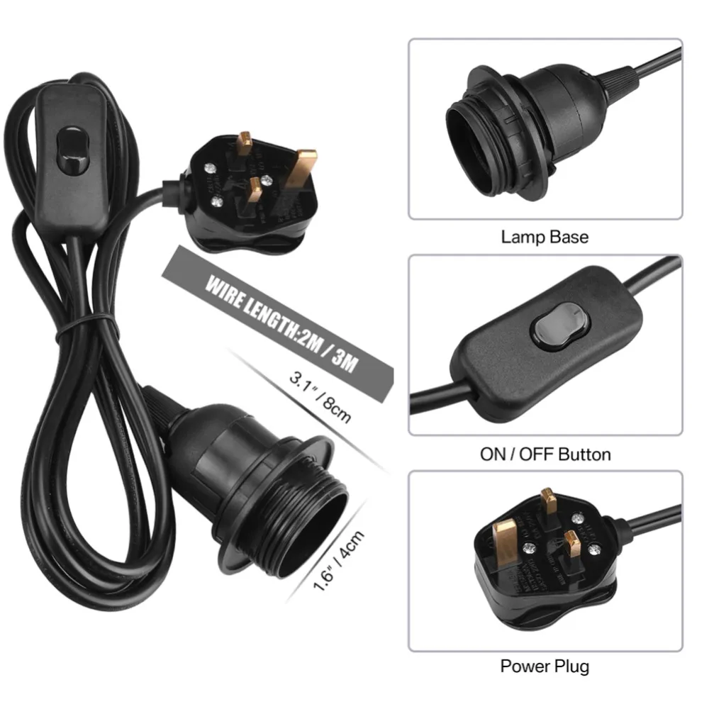 Accesorio de luz colgante de techo, Bases de lámpara de tornillo E27 con interruptor, anillo de bloqueo suspendido, Cable de extensión de 2 núcleos, accesorios de iluminación - imagen 2