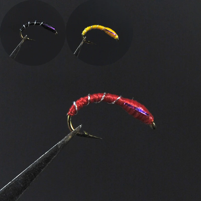 Wifreo 10PCS 12 #   Caddis Larva Chironomid Midge Pupa Buzzer Cebra Ninfa Trucha Moscas Anzuelo de pesca con mosca Negro Rojo Naranja - imagen 3