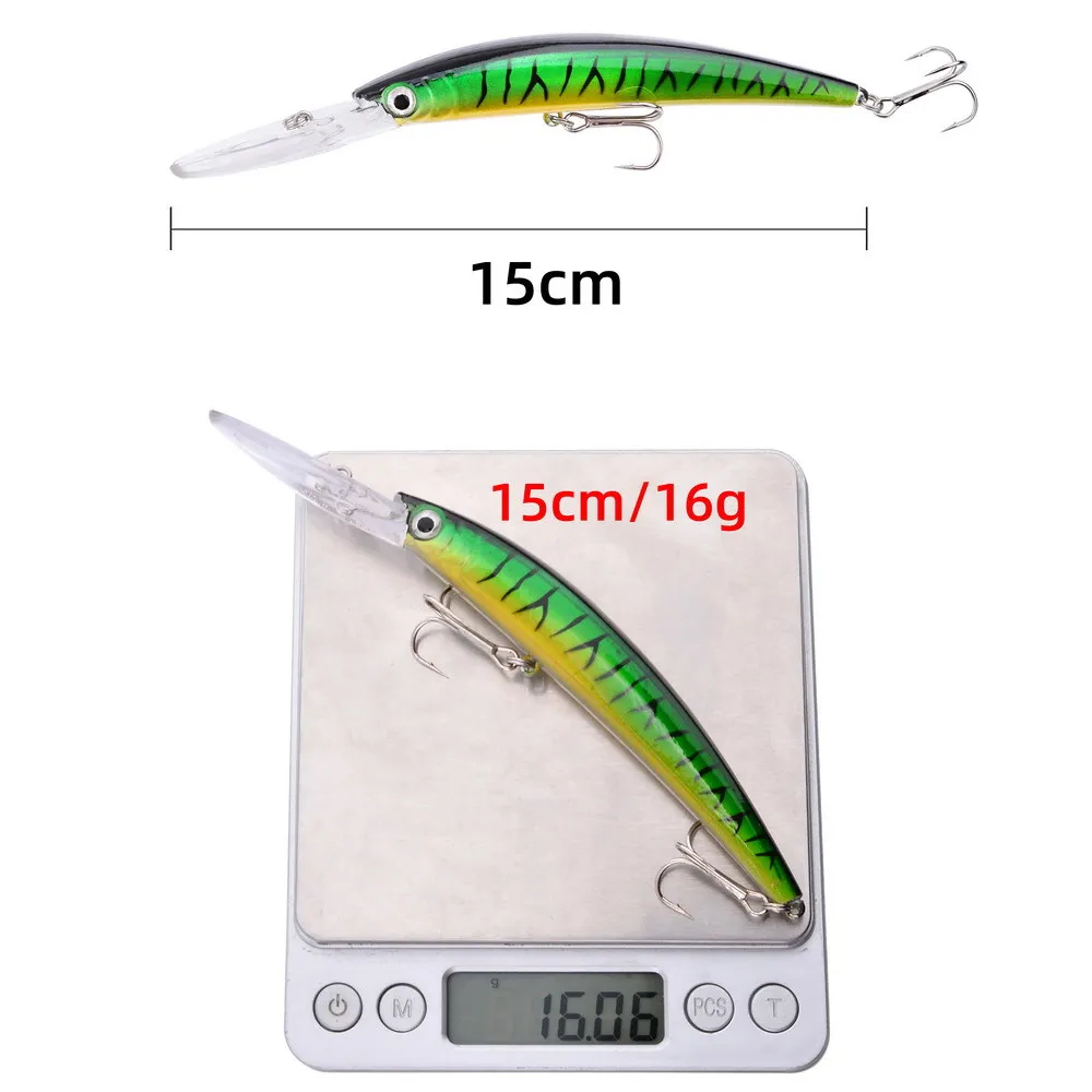 Señuelo de pesca Minnow, 1 unidad, 150mm, 16g, cebo Artificial láser, ojos 3D, Wobblers de pesca, cebo, Crankbaits, aparejos de pesca, buceo, 2,5 m - imagen 4