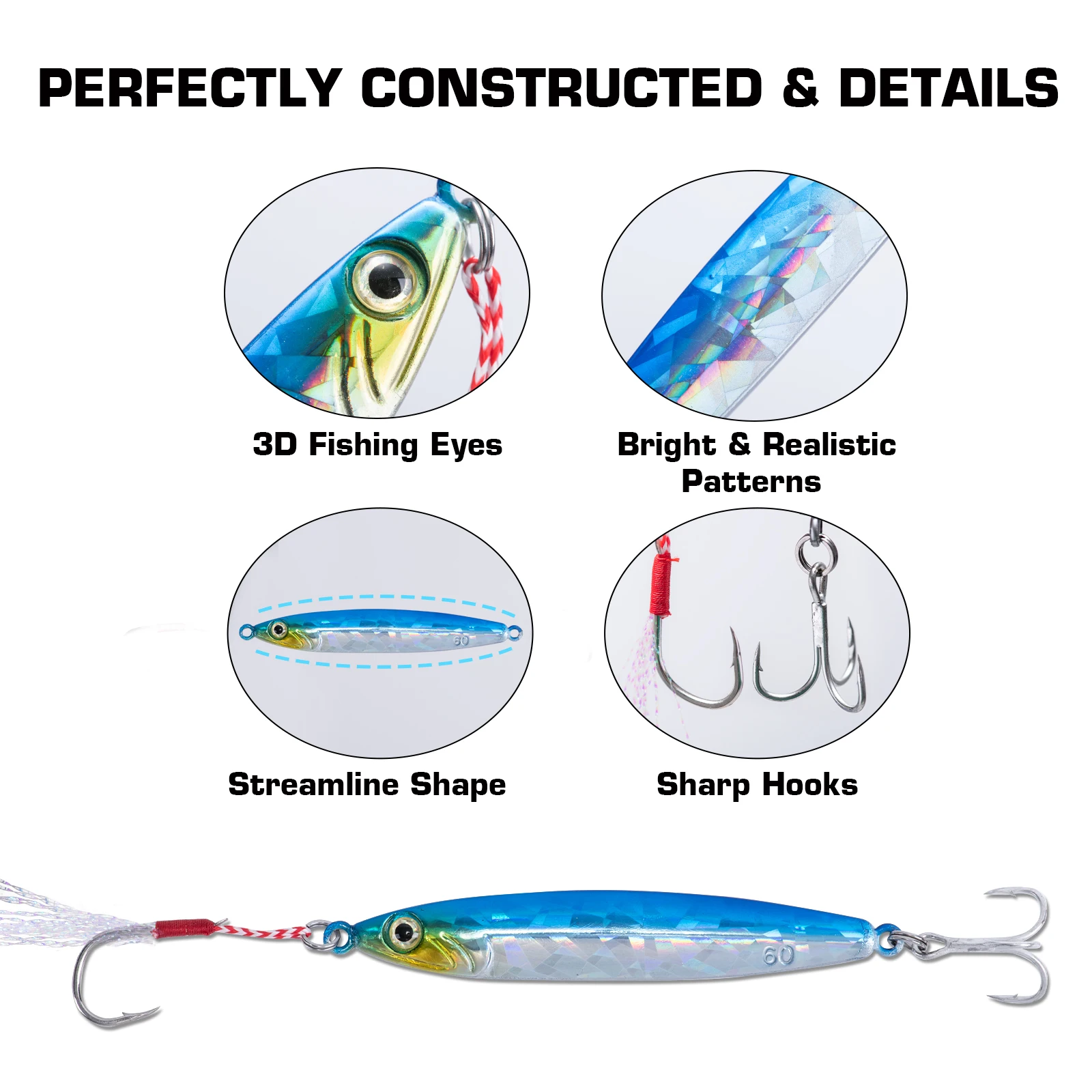 Goture-señuelo de pesca de Jigging lento de tungsteno, cebo duro de hundimiento de anzuelo de acero de alto carbono, cuchara giratoria, impresión 3D, 60g, 80g - imagen 3