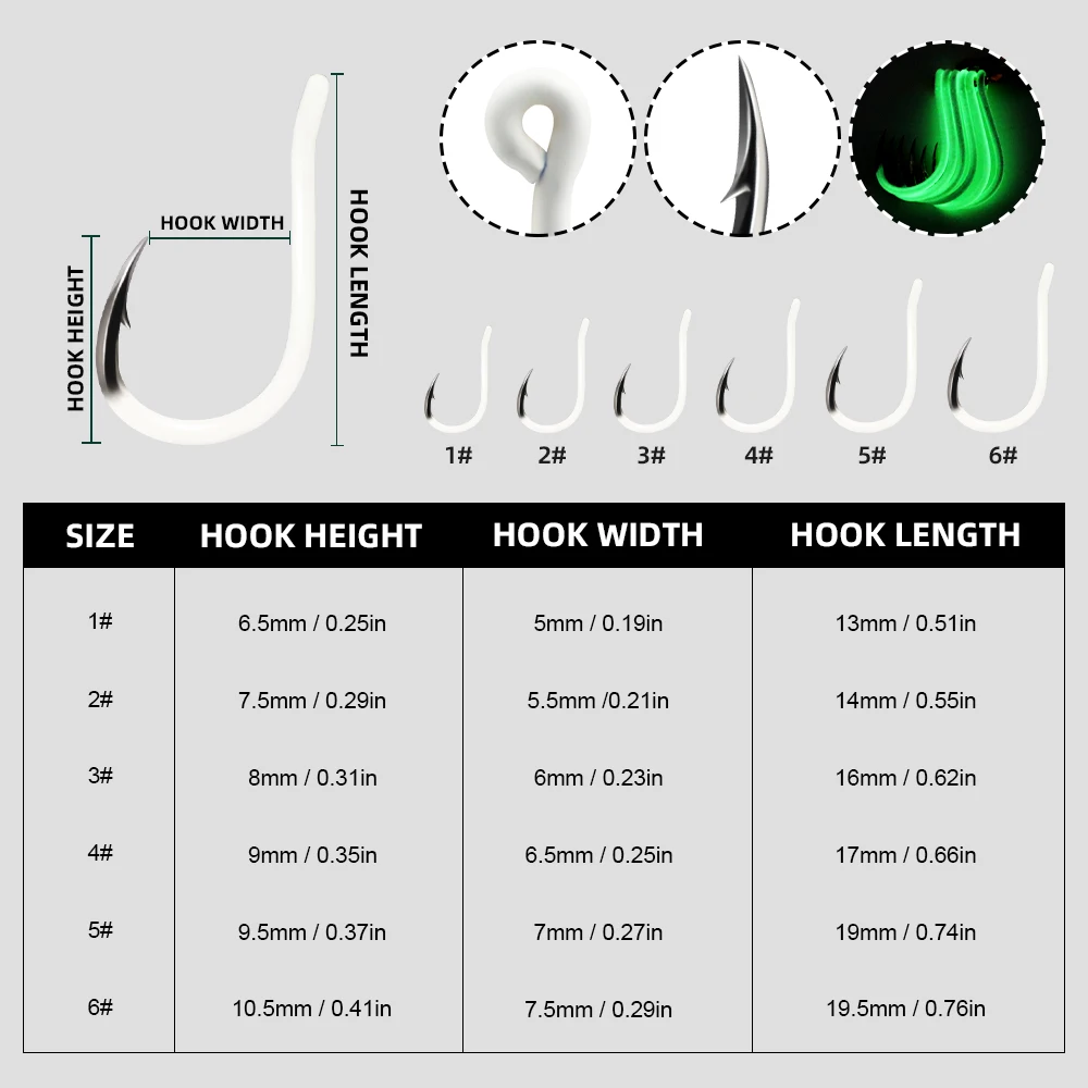 ZYZ 8 ~ 10 piezas Gancho Chinu luminoso Tamaño 1 # -6 #   Anzuelos de acero rico en carbono, puntas de anzuelo compensadas afiladas, anzuelo de pesca de agua dulce y salada - imagen 2