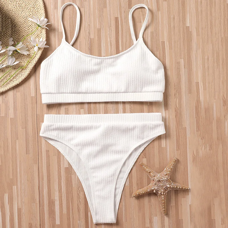 Bañador Sexy de cintura alta en forma de U para mujer, Bikini de realce acanalado, traje de baño de dos piezas de color sólido - imagen 4