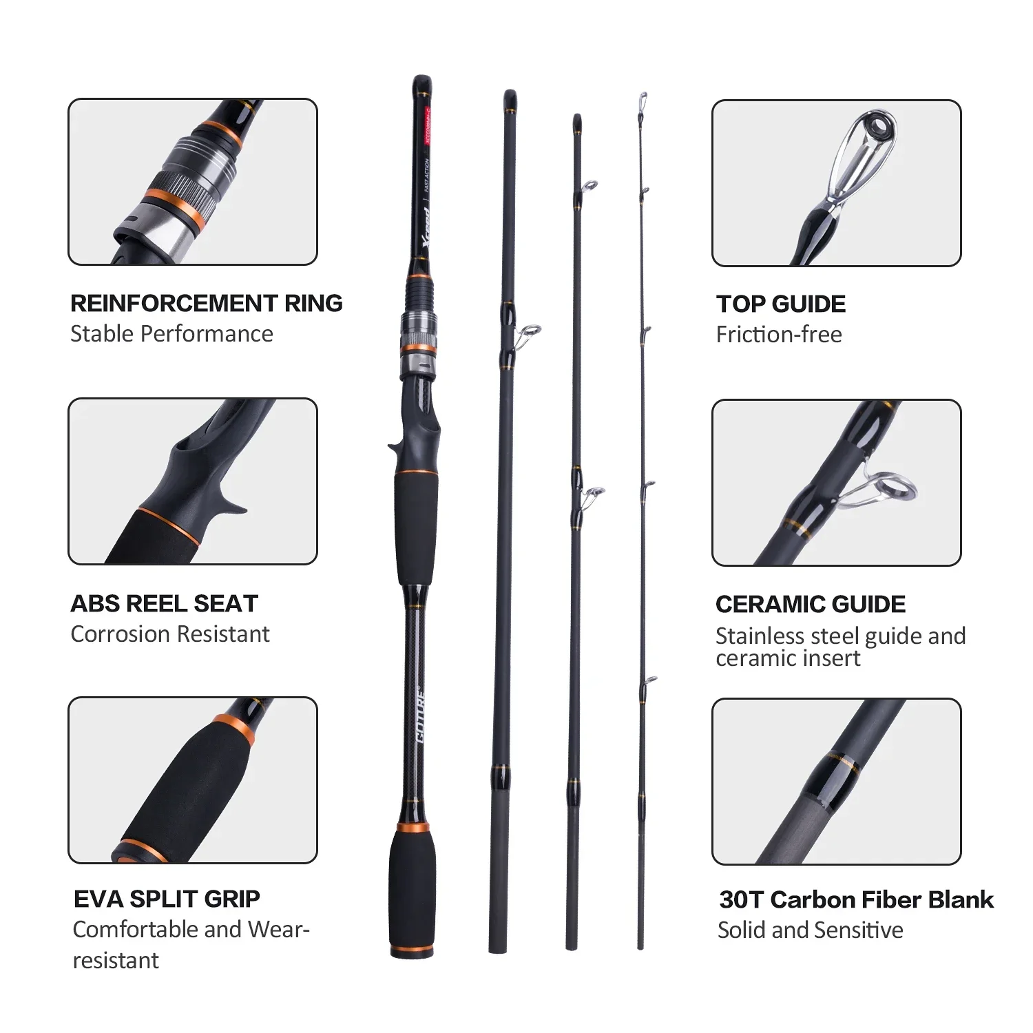 Goture Xceed-caña de pescar giratoria de fibra de carbono, 1,98 m, 2,4 m, M/MH, acción rápida, 4 secciones, aparejos de caña de señuelo - imagen 3