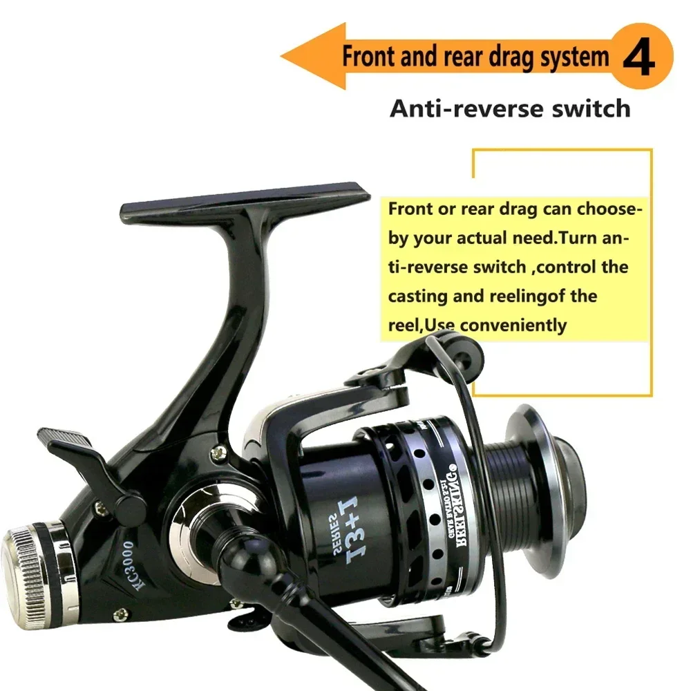 Un carrete de pesca negro y plateado con una etiqueta amarilla