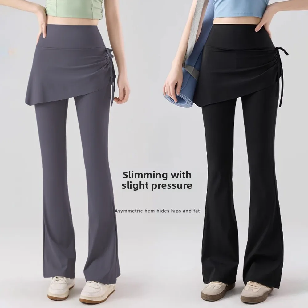 Diseño de falda Leggings de fitness 2 en 1 dobladillo acampanado Leggings deportivos Cordón Secado rápido Pantalones deportivos de yoga Previene la vergüenza - imagen 4