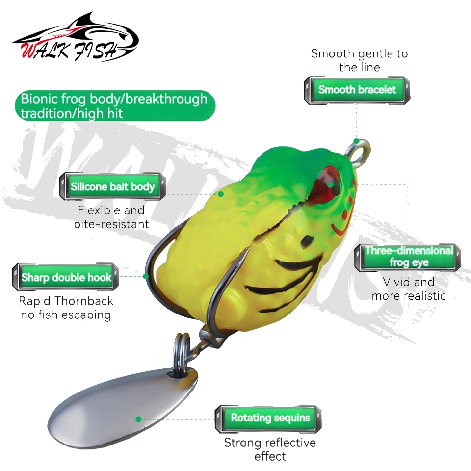 WALK FISH-Juego de Mini señuelo de pesca de rana suave, cebo falso de sapo Thunderfrog, diseño de ojos 3D con 2 ganchos, accesorios de aparejos de pesca, 1 Juego - imagen 5