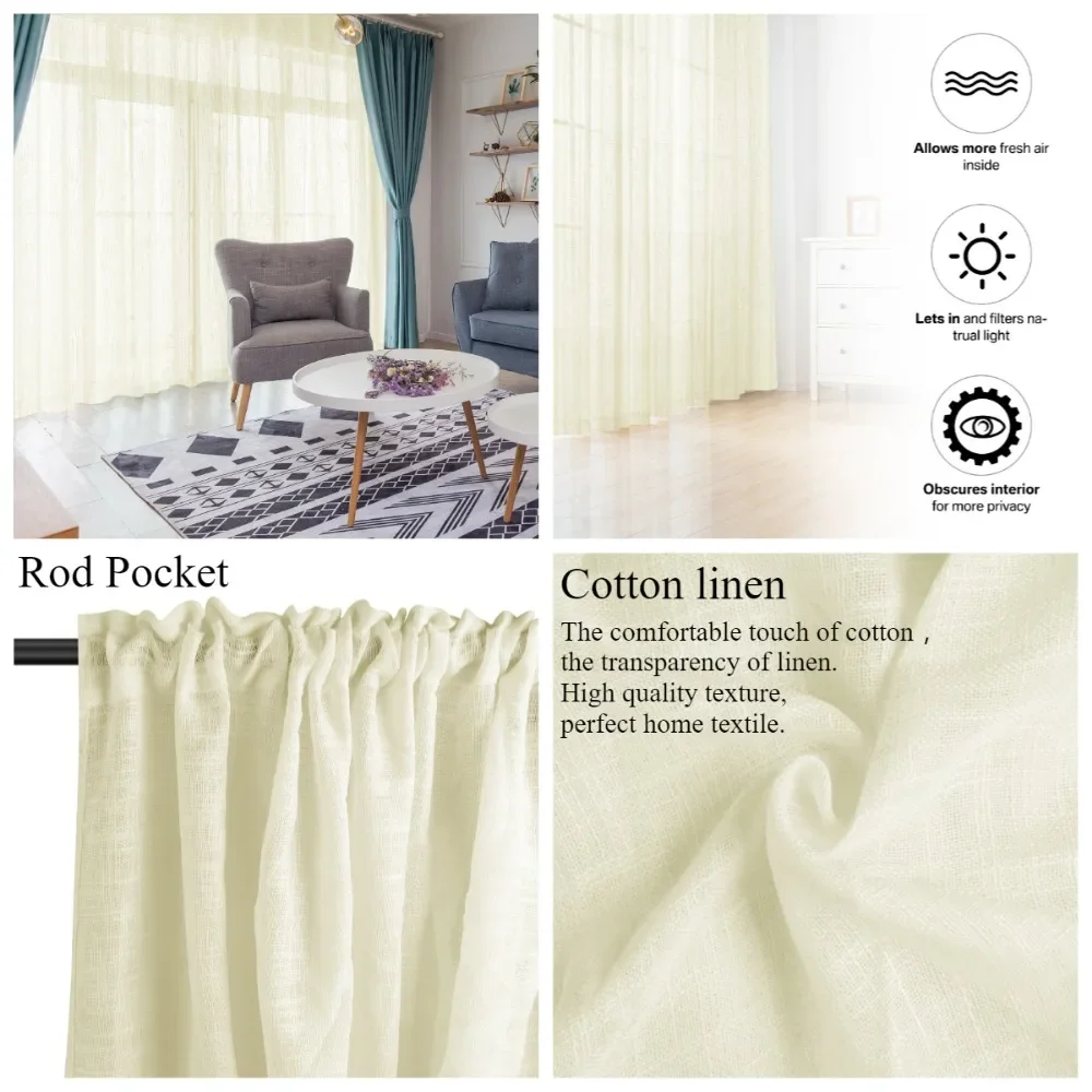 Cortinas transparentes de lino y algodón, cortinas semitransparentes con bolsillo en barra de gasa para dormitorio, sala de estar, cortinas de ventana con filtrado de luz - imagen 5