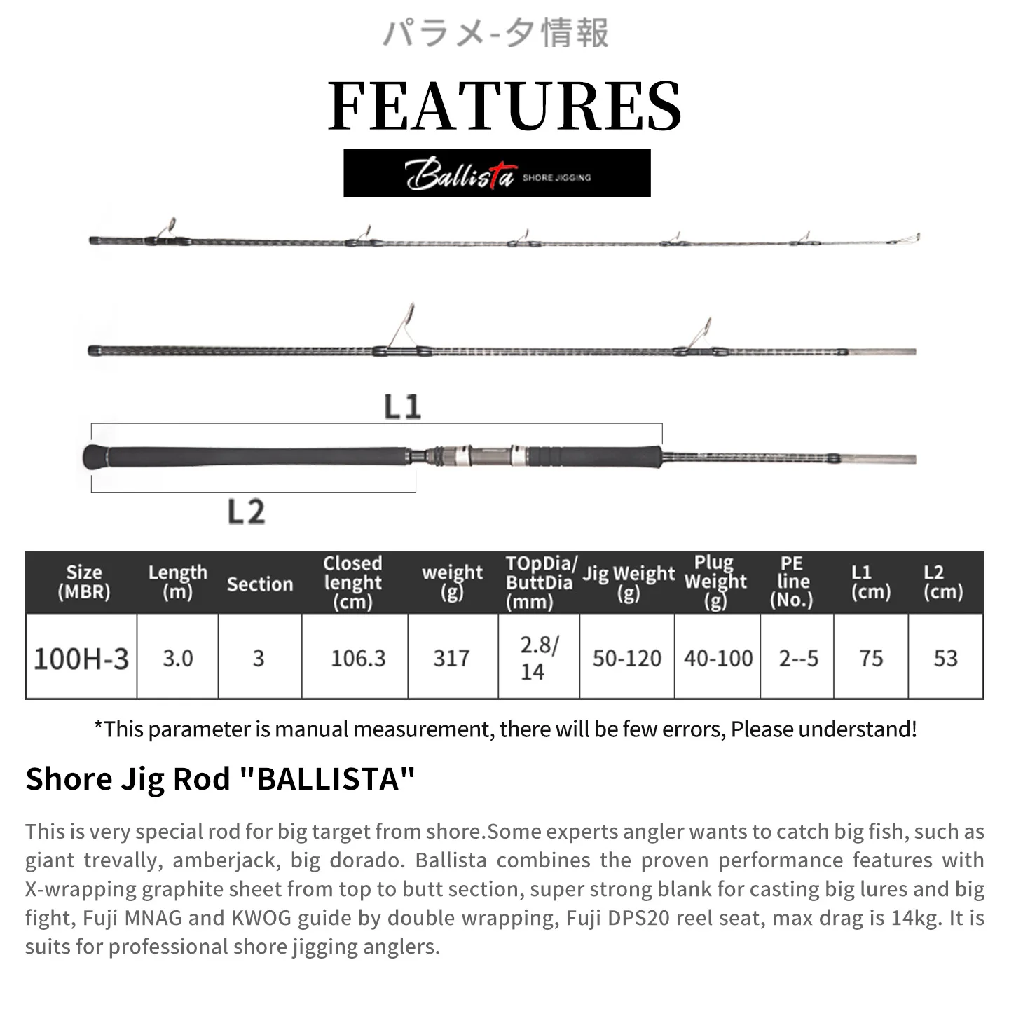 MADMOUSE BALLISTA Shore Jigging Rod 3.0m100H Portátil Tres Secciones Piezas completas FUJI Peso de plantilla 50-120g PE2-5 Ocean Rod - imagen 2