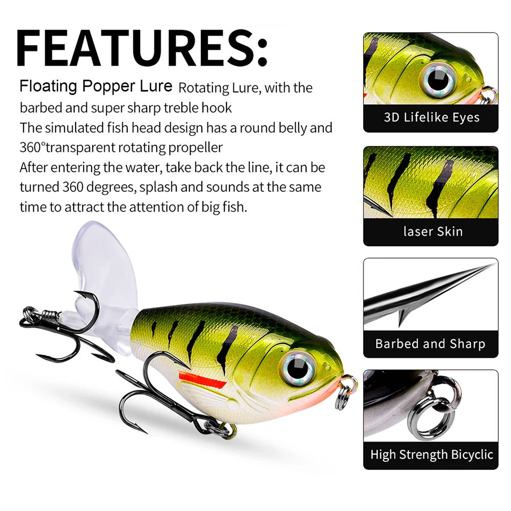PROBEROS1PC-señuelo de pesca Whopper Popper Topwater, cebo duro Artificial con cola giratoria suave para aparejos de pesca de lubina - imagen 3