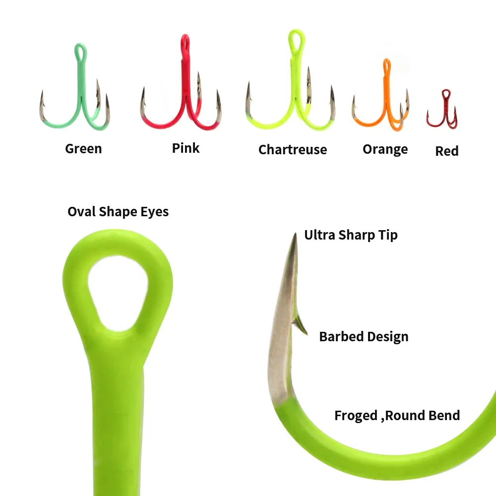 ICERIO 5/10 piezas 14 # -3/0 #   Anzuelos triples en línea doblados redondos fluorescentes/luminosos, señuelo de pesca de agua dulce y salada, anzuelo Triple - imagen 4