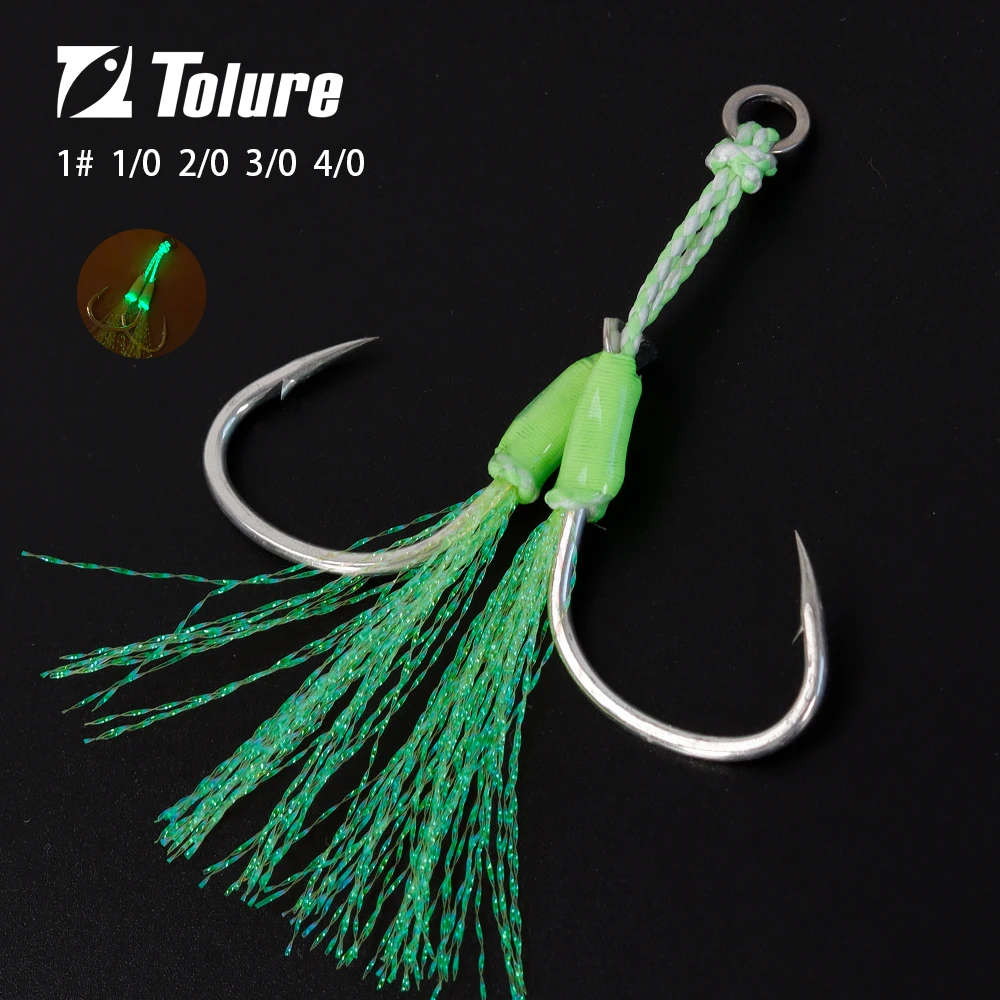 TOLU 10 ganchos de asistencia de cola de plantilla de metal 1-4/0 #   Anzuelos de pesca con línea de PE, anillo sólido de pluma, alambre de acero incorporado para pesca Uv