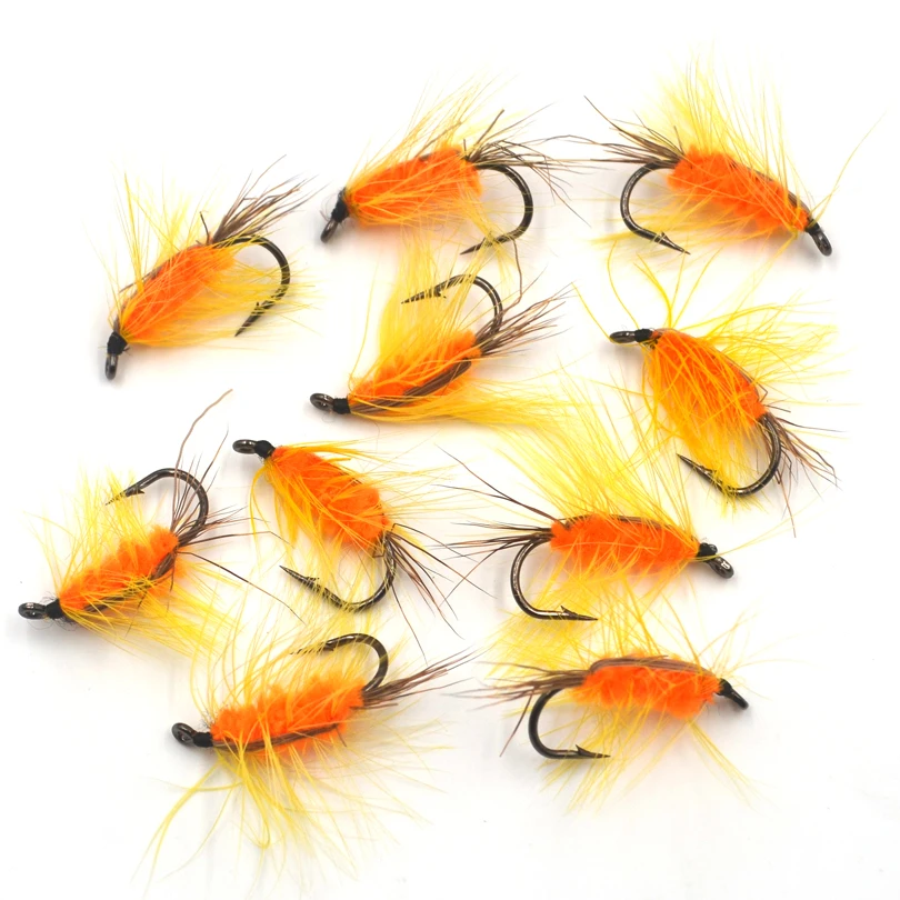 MNFT 10PCS 6 #   Cebo con mosca para pesca de trucha, gusano naranja, barba amarilla - imagen 2
