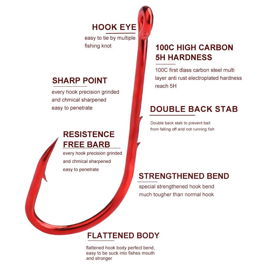 Anzuelos de pesca rojos FTK 1/0-10 #   Señuelos de pesca con púas de mar, vástago de pico, soporte para cebo vivo, plantilla de pesca de carpa, anzuelos de gusano, accesorios, aparejos - imagen 2
