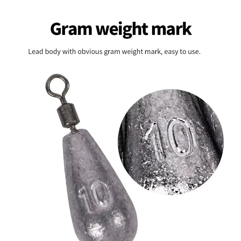 10 piezas 360 °   Plomo de plomo con anillo de 8 formas de rotación libre para pescar con forma de gota y cilindro, 3,5g-20g para pesca con tobogán gratuito - imagen 3