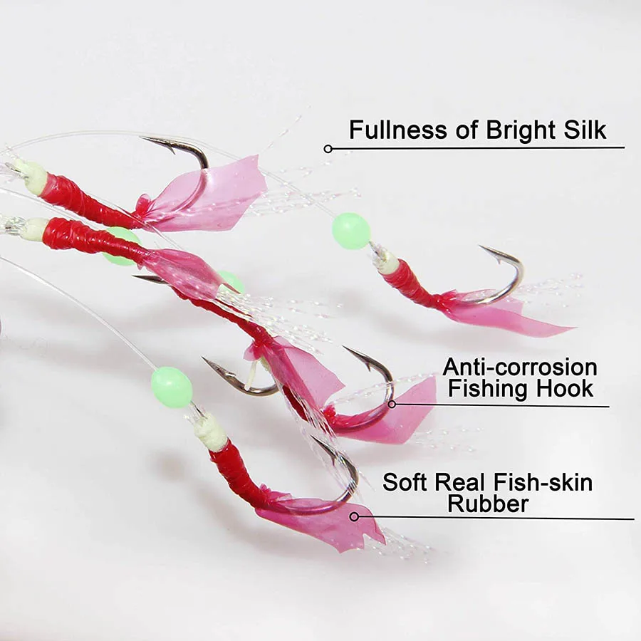 Plataformas de cebo de pesca Sabiki, paquete de 3 8-15 #   Ganchos de cuerda de frijol luminosos, Wobbler de pesca de piel roja, aparejos que brillan en la oscuridad con mosca oceánica y agua salada - imagen 4
