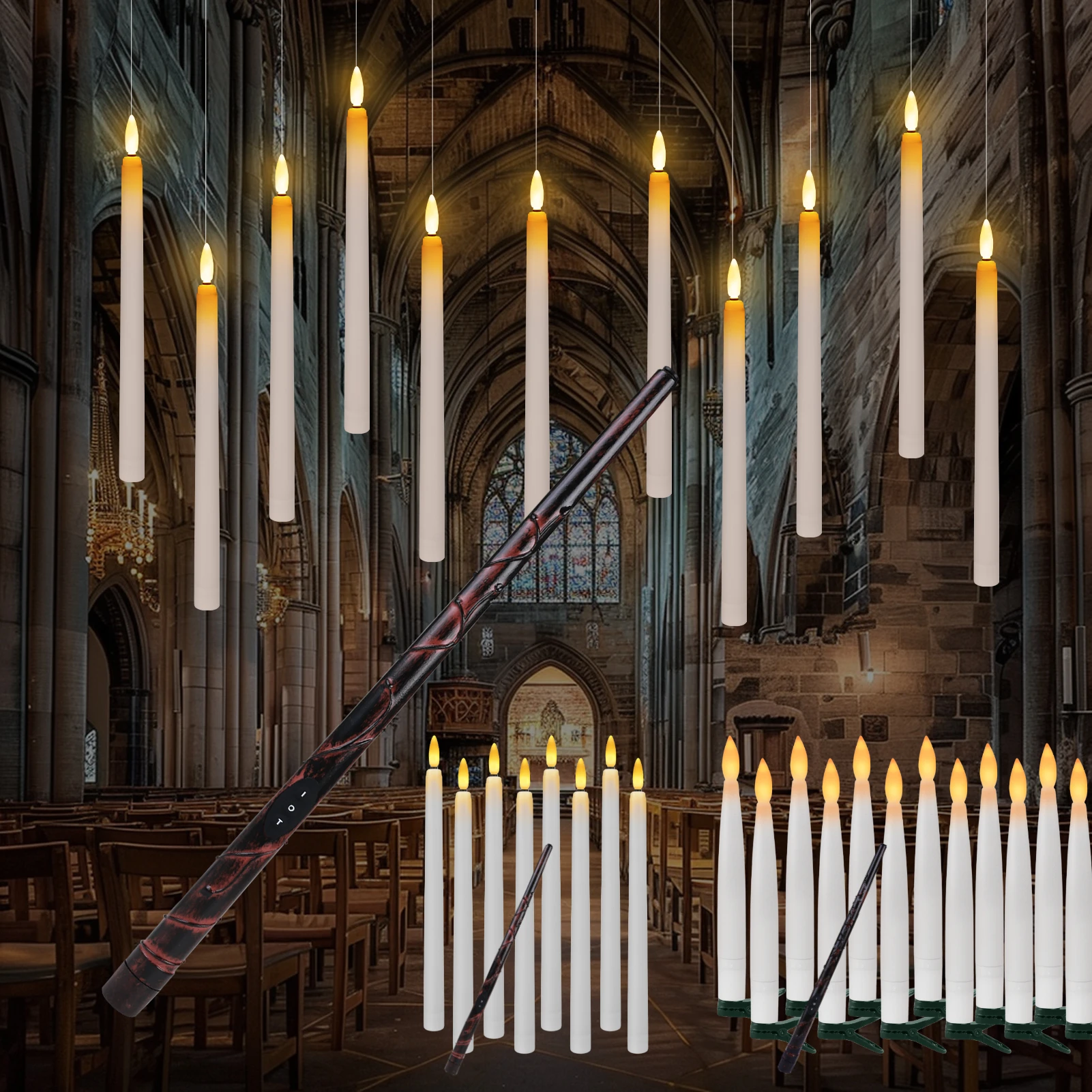 Velas electrónicas flotantes con varita mágica, velas colgantes remotas, candelabros cónicos LED parpadeantes sin llama, decoración de Halloween