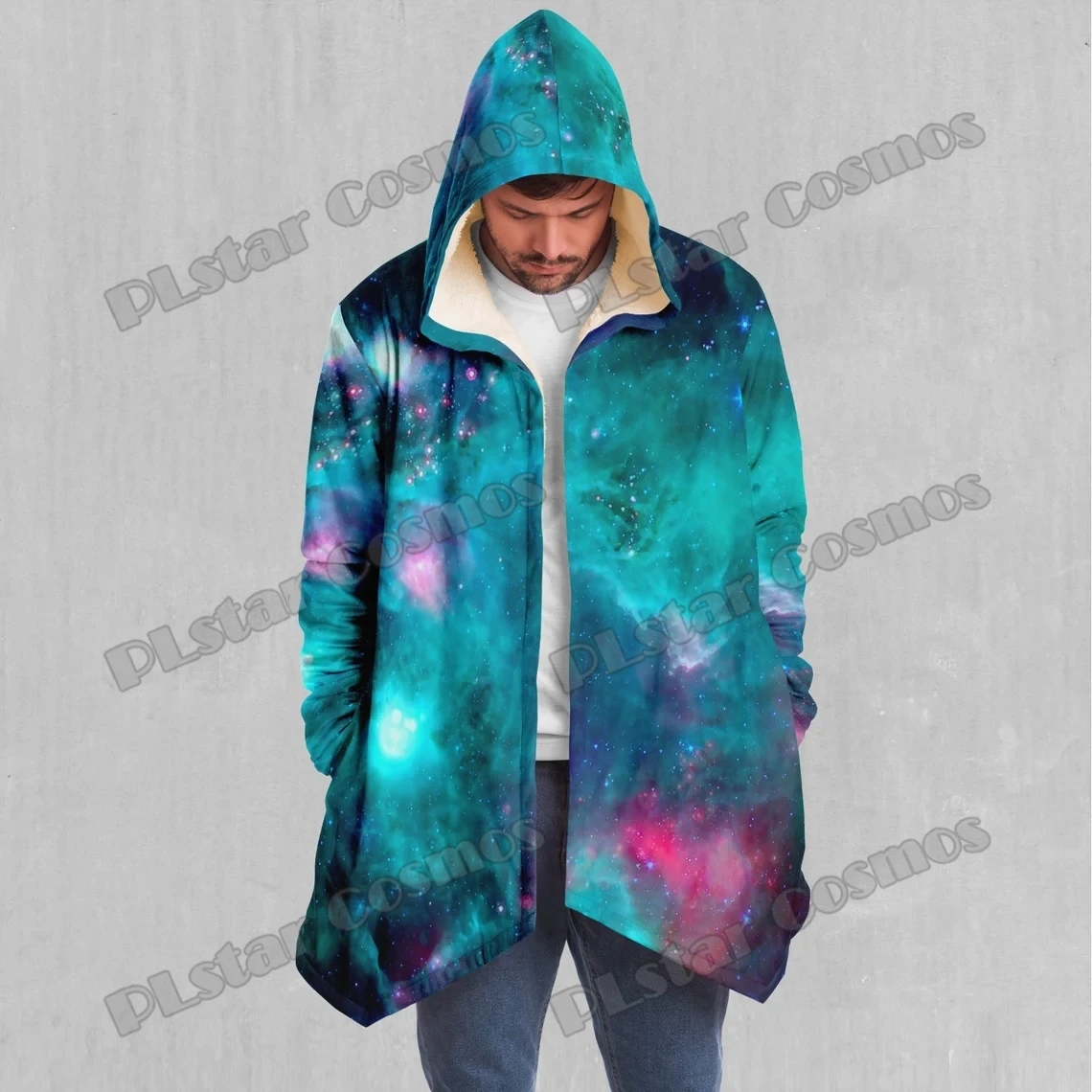 Capa con capucha y forro de Sherpa para hombre con estampado 3D de nebulosa azul de galaxia Aurora, capa gruesa y cálida informal para invierno, BB77 - imagen 2