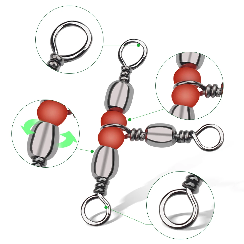10 Uds. Conector de pesca de acero al carbono, anillo giratorio de barril de tres vías con cuentas, anzuelo, línea de señuelo, accesorios de pesca - imagen 3