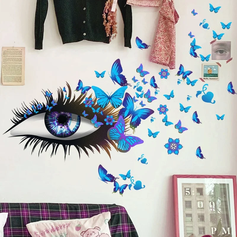 Pegatina de pared creativa con ojos de niña hermosa, calcomanías de pared de mariposa voladora, pestañas largas para niña, decoración de dormitorio para parejas y amantes - imagen 5
