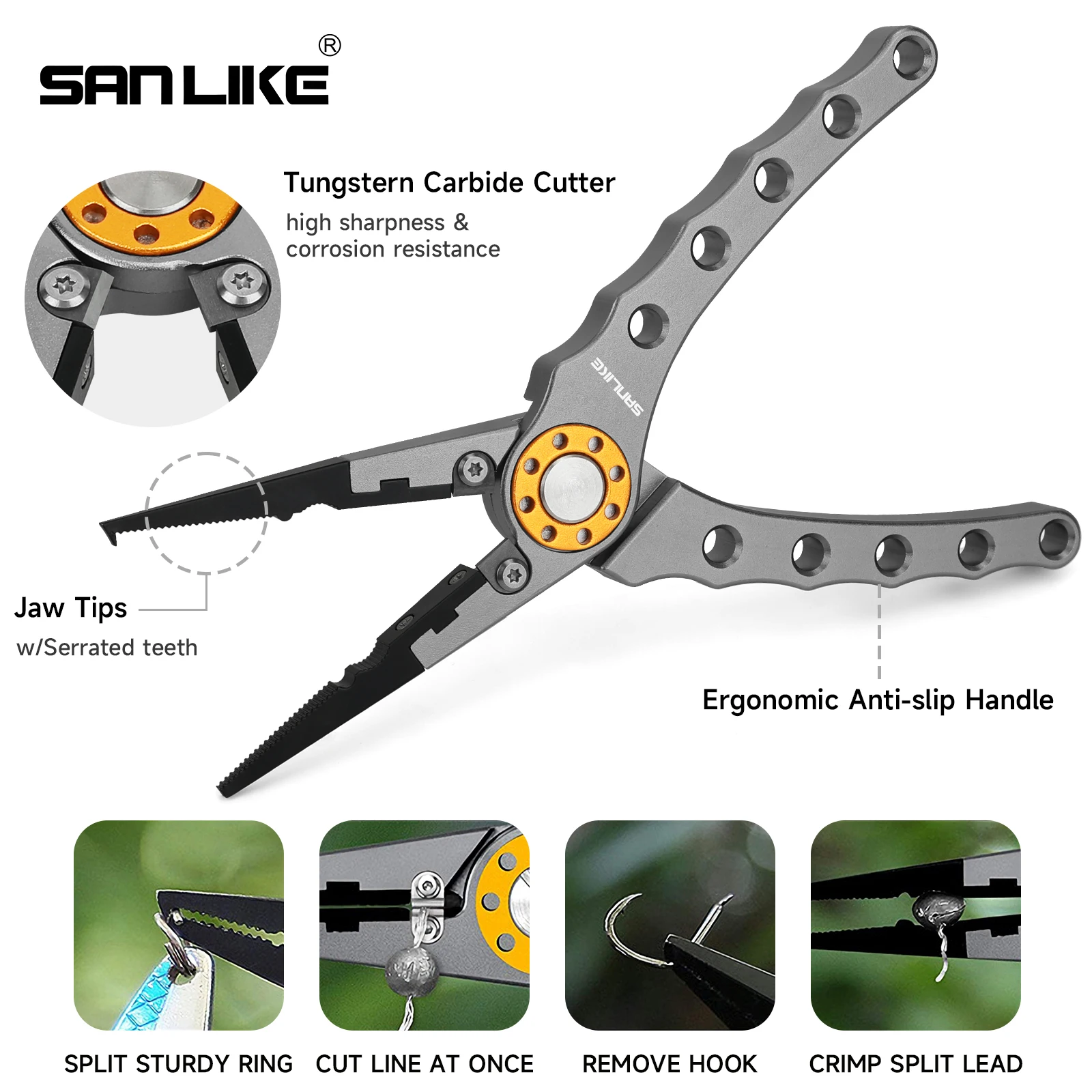 SANLIKE-Alicates de pesca de aleación de aluminio, cortadores de alambre portátiles para enganchar, alicates de resorte de operación con una sola mano, hojas de carburo de tungsteno - imagen 4