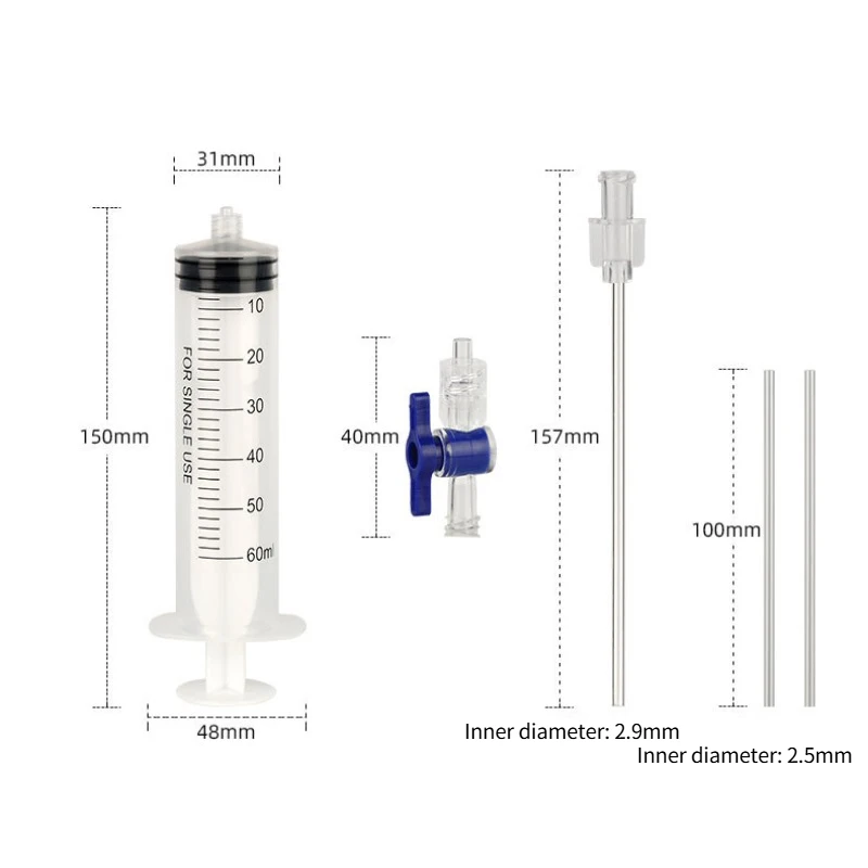 Juego de jeringa de 60ML, fluido de reparación cansado de llenado automático, combinación de plástico, neumático de vacío de bicicleta, llave central de válvula reparada de neumáticos franceses, 1 Juego - imagen 3