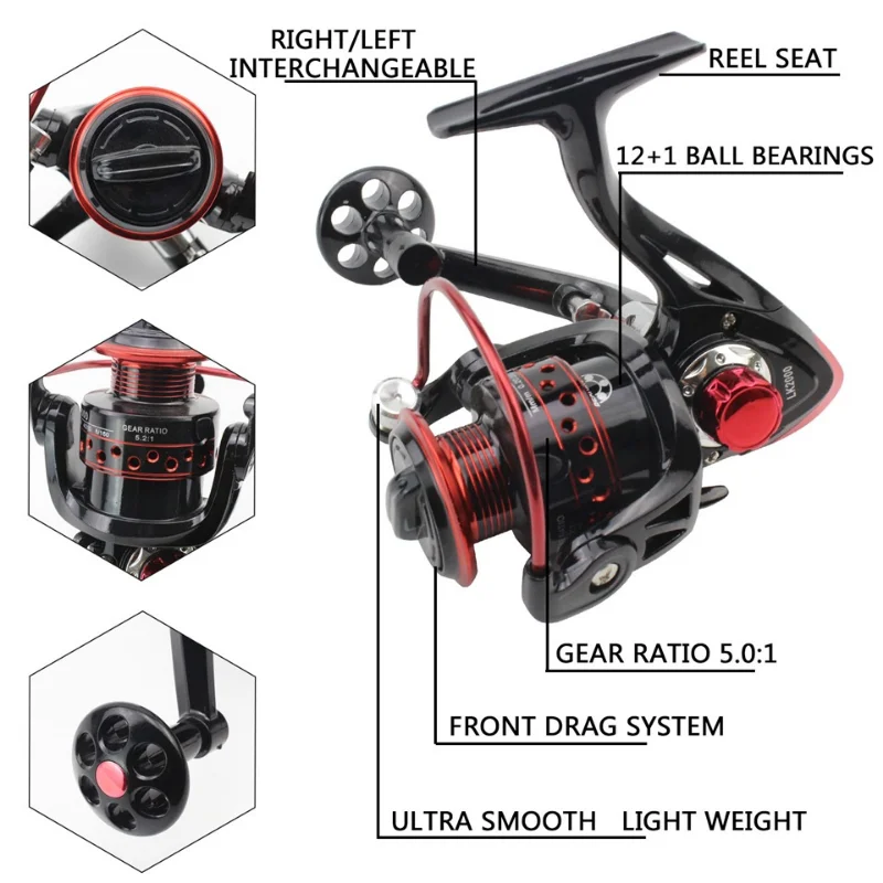 Caña de pescar giratoria con carrete, Combo de caña de fibra de carbono con línea de cebo de rueda para pesca en Lago, río, barco, Roca, playa, 1,8 m/2,1 m - imagen 5