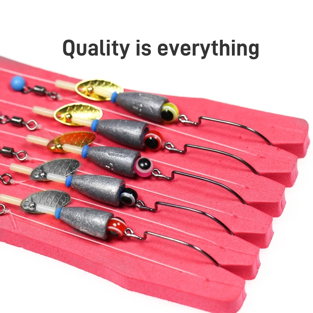 Conjunto de plataforma Texas de pescador Lazy Man: 5 anzuelos de gusano con pesas de plomo y purpurina metálica, preatados para una fácil experiencia de pesca - imagen 3