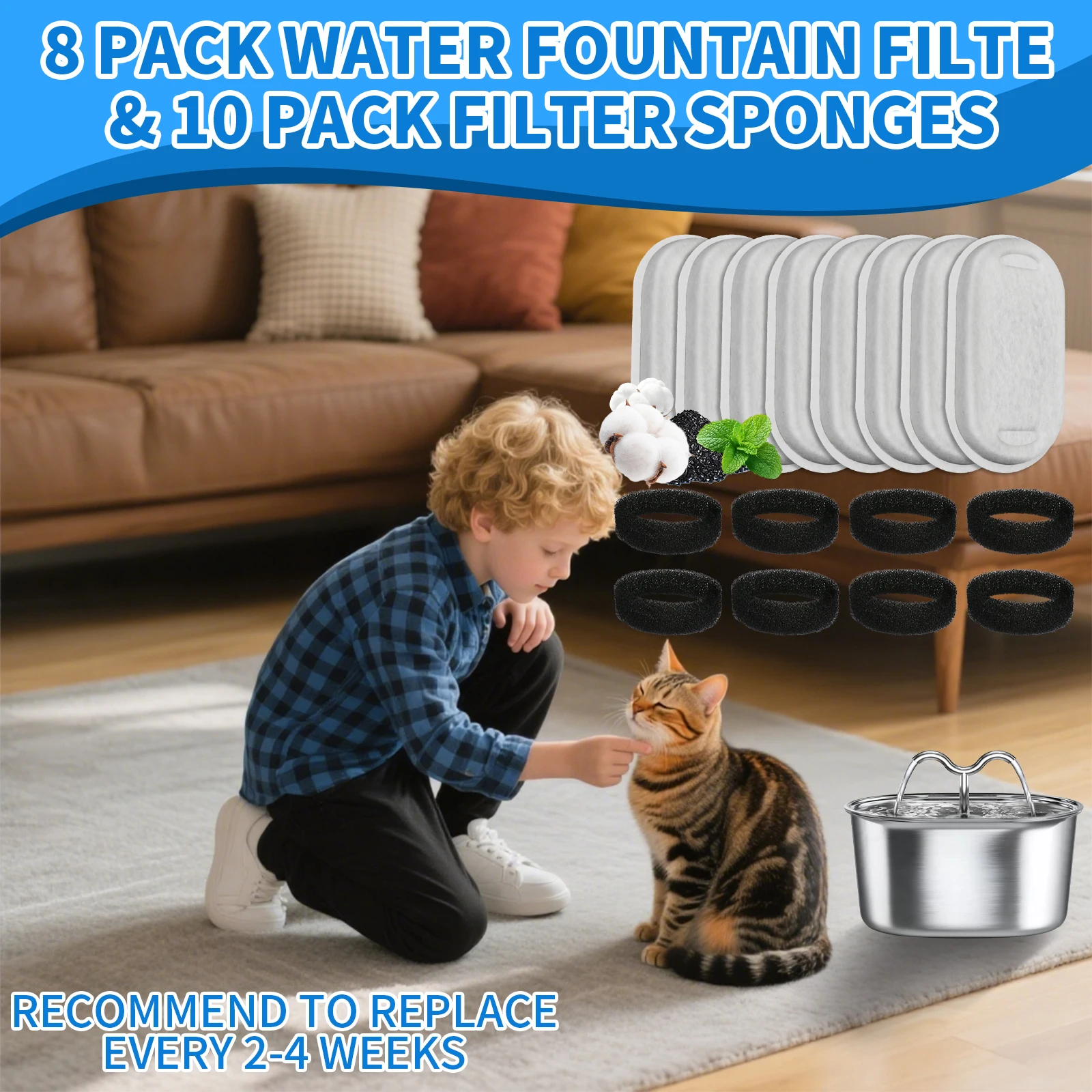 Filtros de repuesto para fuente de agua de gato, elemento filtrante para fuente de agua de gato de acero inoxidable, filtros de esponjas de carbón activado - imagen 3