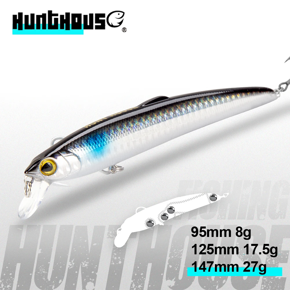 Señuelo de pesca Hunthouse Minnow, 90/125/147mm, señuelos flotantes duros, Jerkbait, aparejos de pesca artificiales para lubina y lucio, LW131